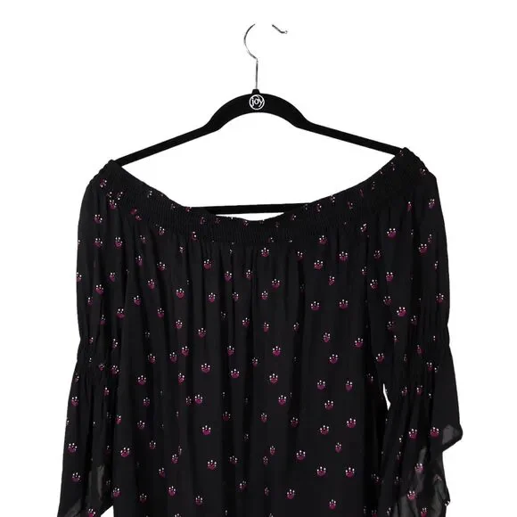Express Women's Blouse Black Pink Floral Off Shoulder Ribbed 3/4 Sleeve Top M - Picture 8 of 9
